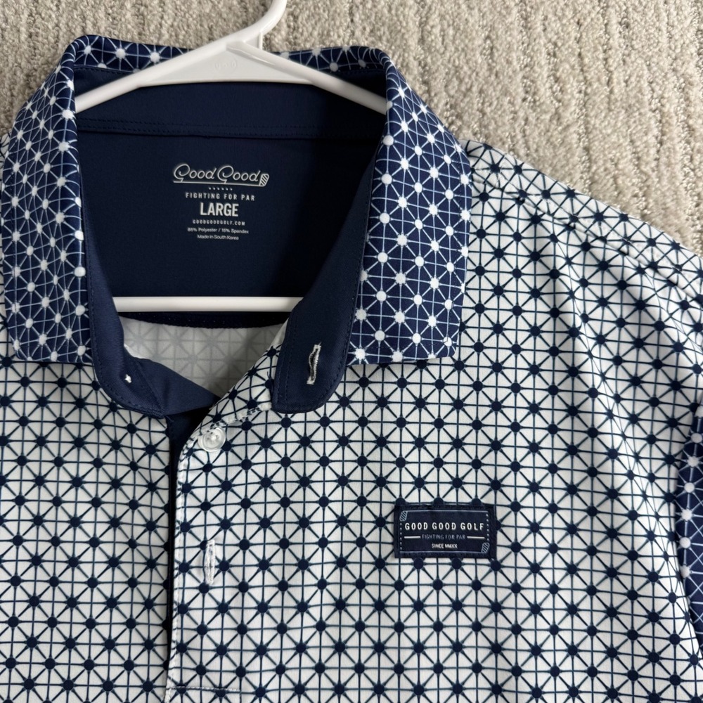 Good Good Golf Mens Large Blue White Geometric Performance Polo Shirt L